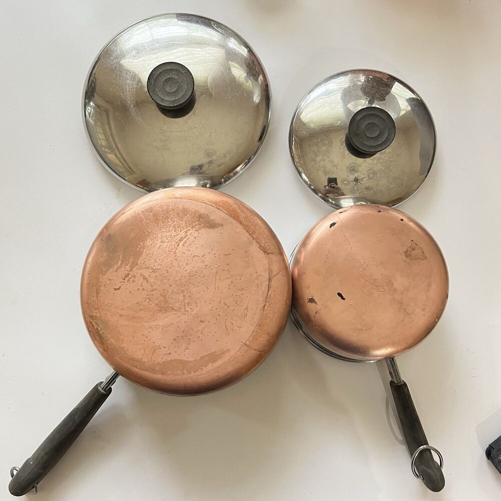 Revere Ware 1801 Copper Bottom 2 & 1 Quart Saucepans Made in USA Clinton Lids